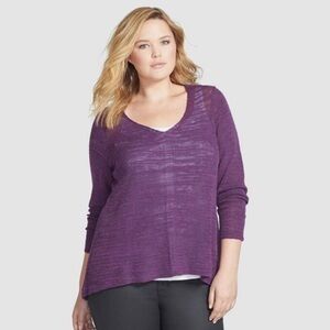 Eileen Fisher Baby Alpaca Wool Slub Knit V-Neck Sweater High Low Hem Purple